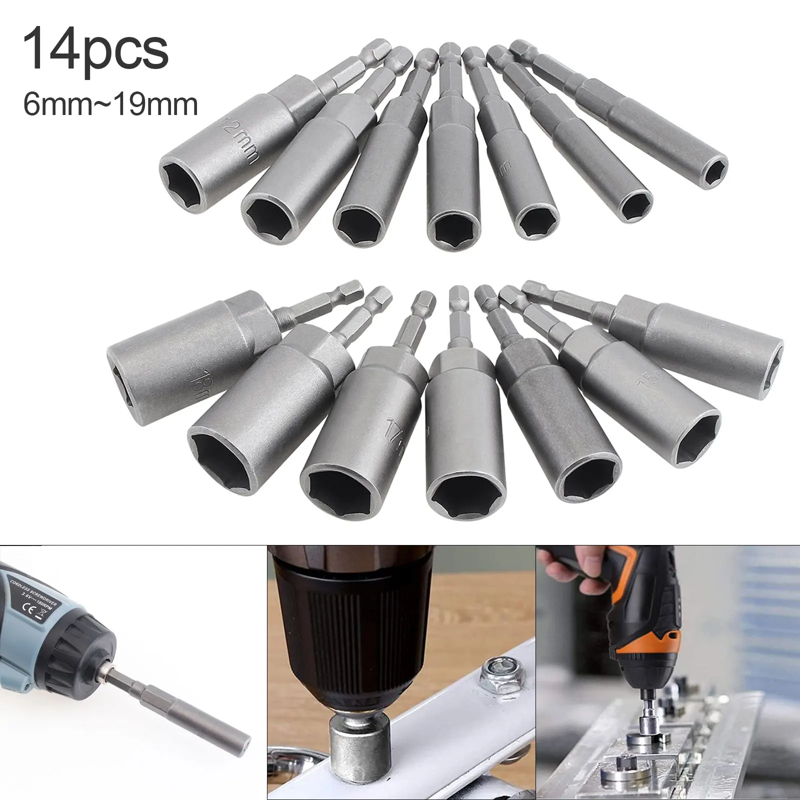 

14pcs/set Deeper Magnetic Hexagon Sockets 6-19mm 1/4 Inch Hex Shank Nut Setter Driver Bolt Remover Tool Drill Bits Set