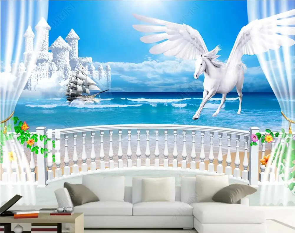 

3d photo wallpapers customised mural window scenery seaside castle pegasus background home decor bedroom wallpaper for walls 3d