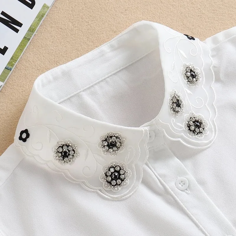 

Beading Diamond White Fake Collar Embroidery Detachable Collar Fake Women Vintage Lace Ladies False Blouse Collar Half Shirt