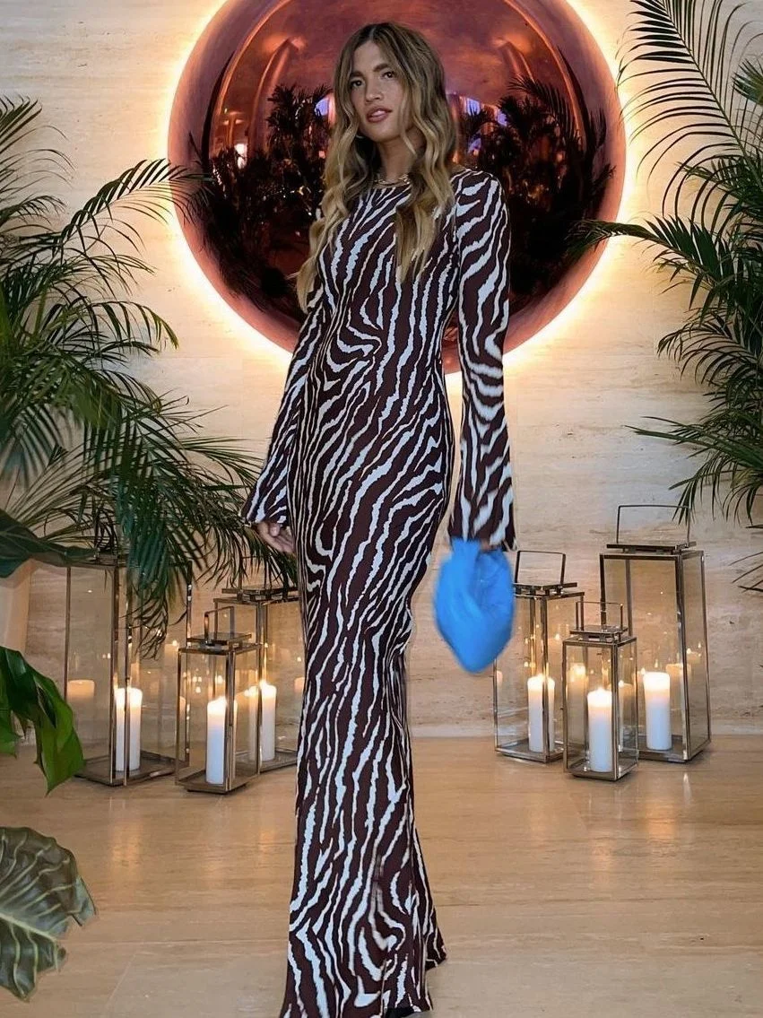 

2023 Printed Maxi Dress Women Fashion Bell Sleeve Sexy See Through Beach Dress 2023 Spring Vacation Bohemia Party Outfits