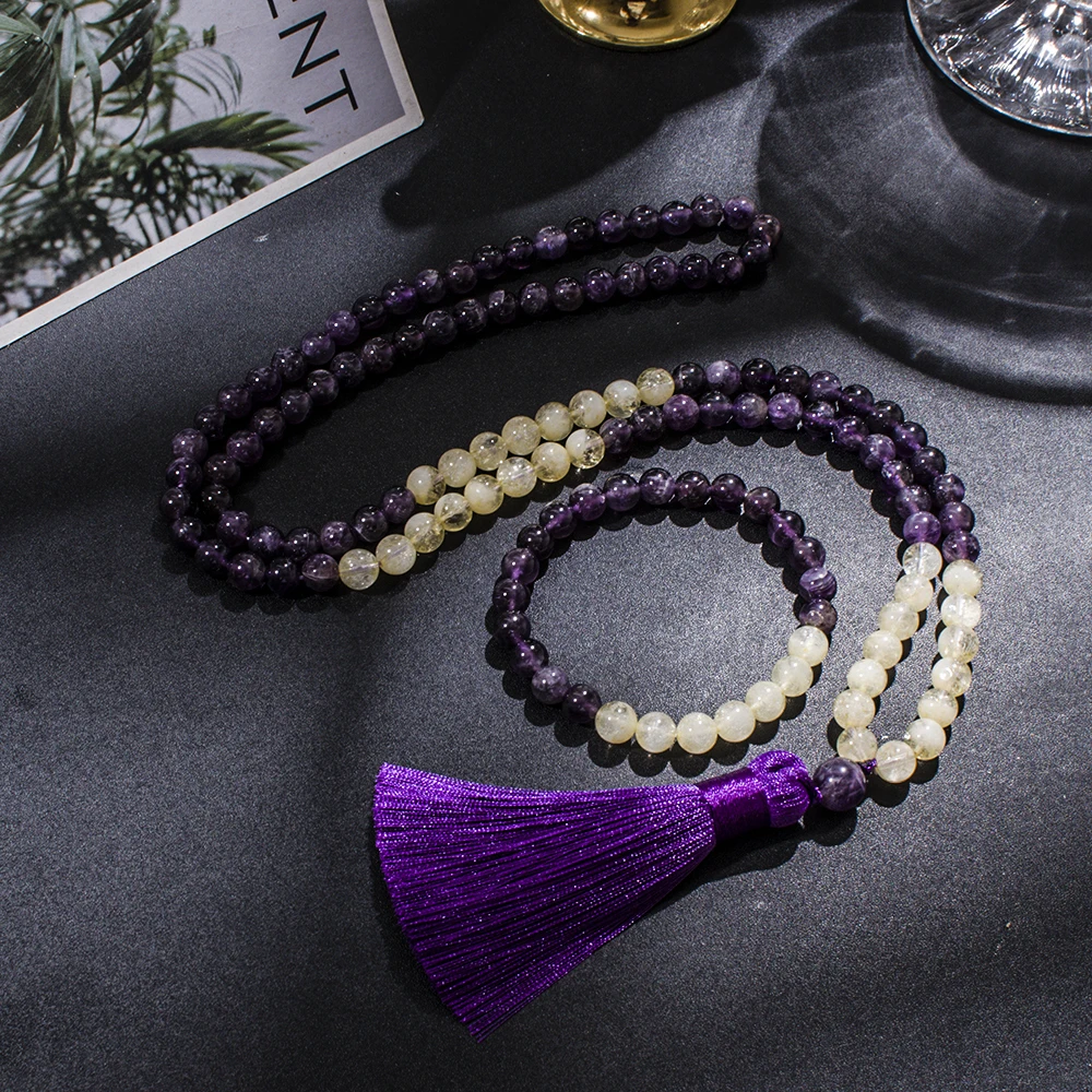 108 Mala Prayer Beads Necklace 8mm Natural Amethyst Citrine Beaded Jewelry Set Meditation Yoga Japamala Rosary for Women
108 Mala Prayer Beads Necklace 8mm Natural Amethyst Citrine Beaded Jewelry Set Meditation Yoga Japamala Rosary for Women