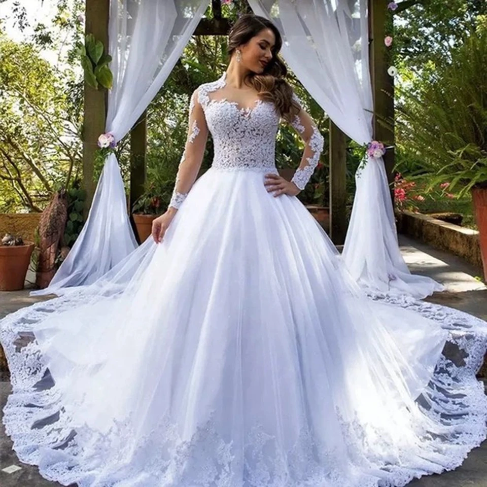 

2022 Luxury White/Ivory Women Long Train Wedding Dress Lace Appliques Illusion Beading Sequins O-Neck Elegant Tulle Bridal Gowns