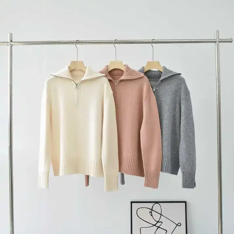 Autumn and Winter New Pure Cashmere Women Sweater Lapel Ribbed Casual Pullover Knitted Thickened Sweater 
Autumn and Winter New Pure Cashmere Women Sweater Lapel Ribbed Casual Pullover Knitted Thickened Sweater