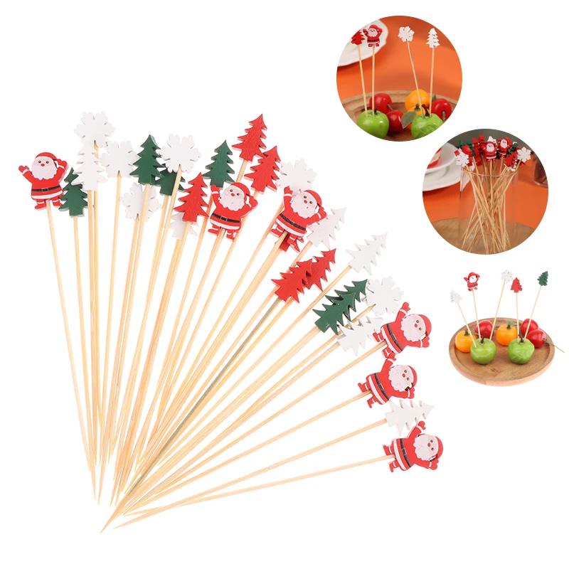 

50Pcs/set Christmas Fruit Sticks Disposable Bamboo Sticks Snowflake Christmas Tree Elk Santa Claus Snowman Sticks Xmas Ornaments