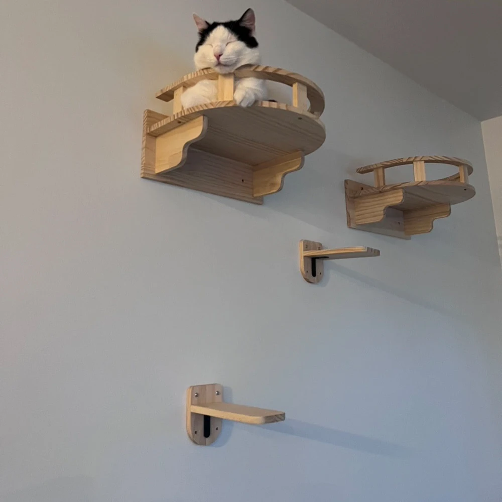 

3PCS Wall Mounted Cat Climbing Wood Shelves Cat Hammock with Jumping Platform or Scratching Post for Cat Playing and Sleeping