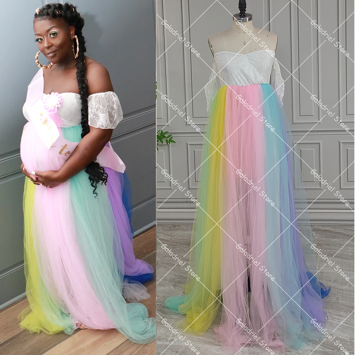 

Rainbow Colorful Tulle Maternity Photoshoot Gowns Empire Waist Off Shoulder Elastic Lace Pregnancy Boudoir Baby Shower Dress