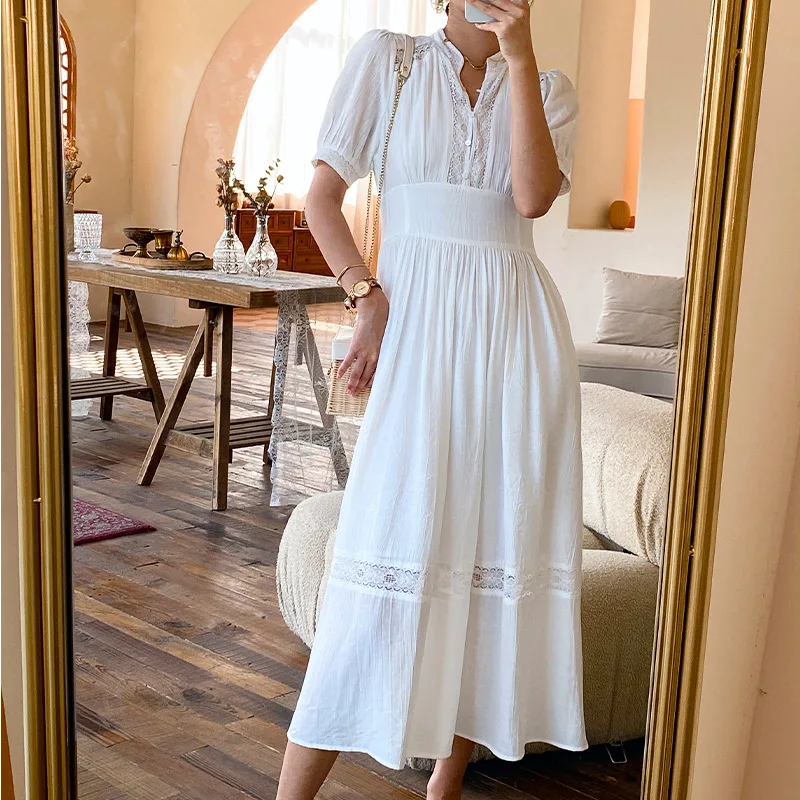 

Puff-sleeve V-neck Lace Trim White Maxi Dress 2024 Women Spring/Summer Vacation Chic Retro Long Dress