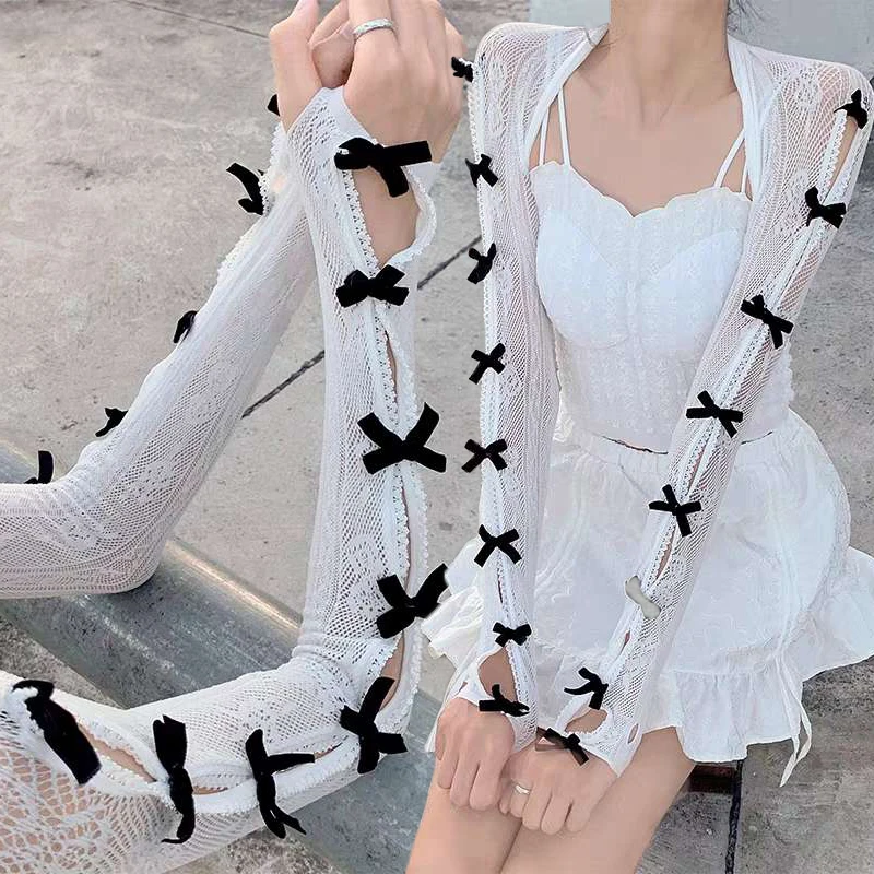 

Cute One-piece Lace Bow Sleeves Shawl Arm Warmer Lolita Sweet Jk Mesh Flock Oversleeve Sunscreen Fingerless Long Gloves Women