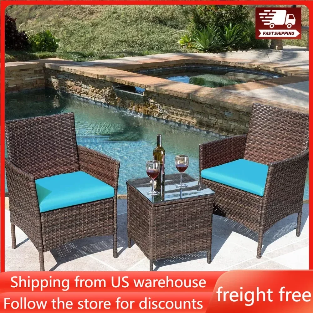 

3 Pieces Patio Furniture Sets Outdoor PE Rattan Wicker Chairs with Soft Cushion and Glass Coffee Table for Garden Backyard Porch