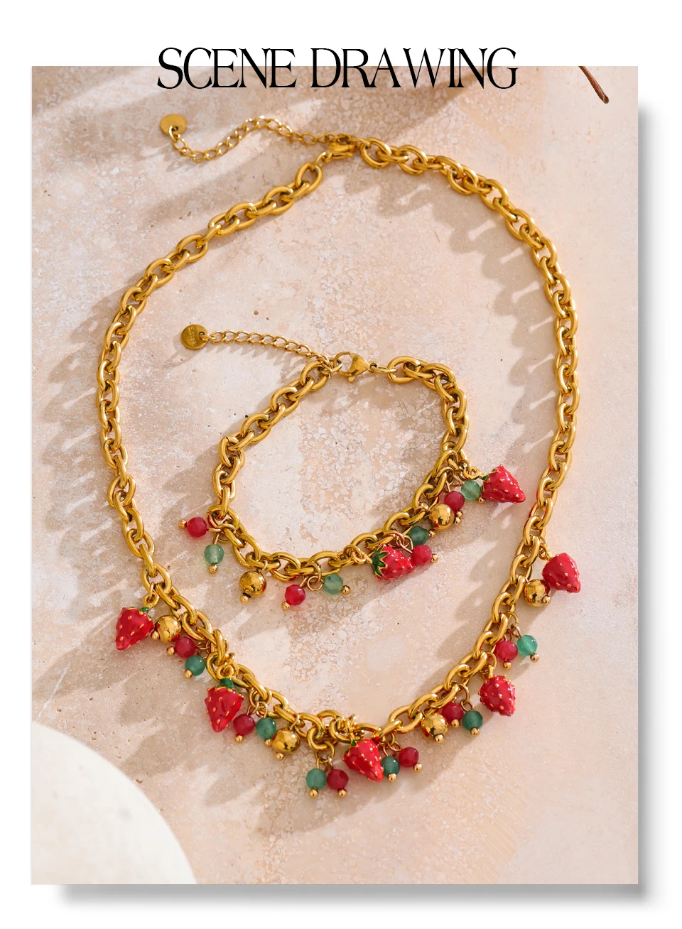 Yhpup Trendy Stainless Steel Red Enamel Stone Strawberry Drop Charms Necklace Bracelet Hot Style Golden Plated Handmade Jewelry Yhpup Trendy Stainless Steel Red Enamel Stone Strawberry Drop Charms Necklace Bracelet Hot Style Golden Plated Handmade Jewelry