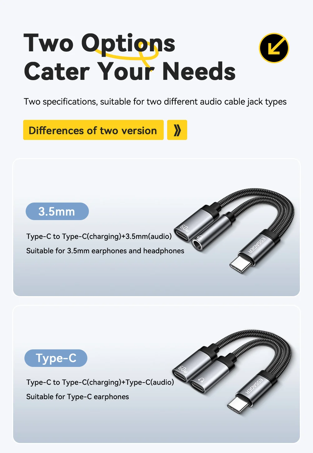 Essager 2 in 1 Type C to 3.5mm AUX Cable Headphone Adapter PD 60W Fast Charging for iPhone 16 15 Samsung Xiaomi 14 13 Tablet PC Essager 2 in 1 Type C to 3.5mm AUX Cable Headphone Adapter PD 60W Fast Charging for iPhone 16 15 Samsung Xiaomi 14 13 Tablet PC