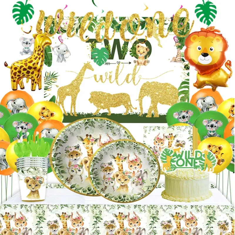 

Jungle Animal Jungle Safari Theme Tableware baby kids 1-9th Happy Birthday Party cup plate Decoration Green Forest Party Supplie