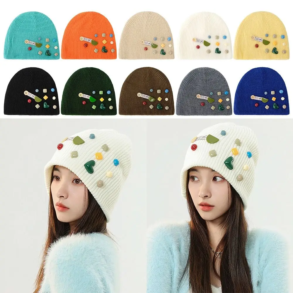 

Button Decorated Winter Knit Hat Fashion without Eaves Solid Color Winter Hats Keep Warm Beanies Cap Women