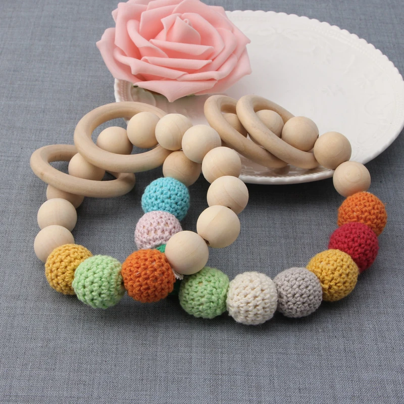 

Teething Natural Round Wood Bracelet Baby Newborn Mom Kids Wooden Teether Toy