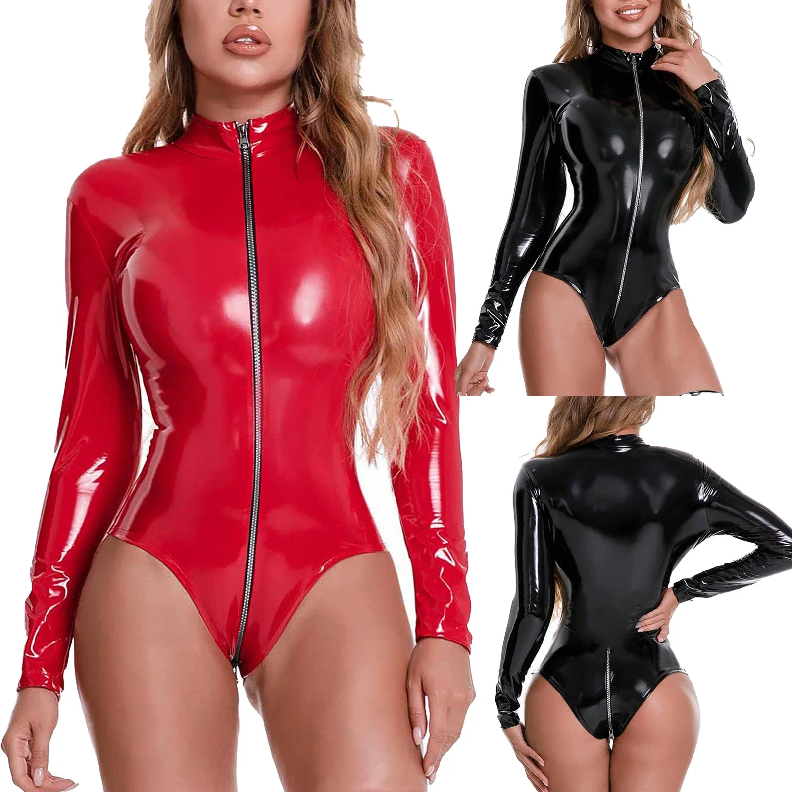 Women Sexy bodysuit Wet Look Patent Leather Mock Neck Bodysuit Glossy Long Sleeve Zipper Catsuit for Club Pole Dancing
Women Sexy bodysuit Wet Look Patent Leather Mock Neck Bodysuit Glossy Long Sleeve Zipper Catsuit for Club Pole Dancing
