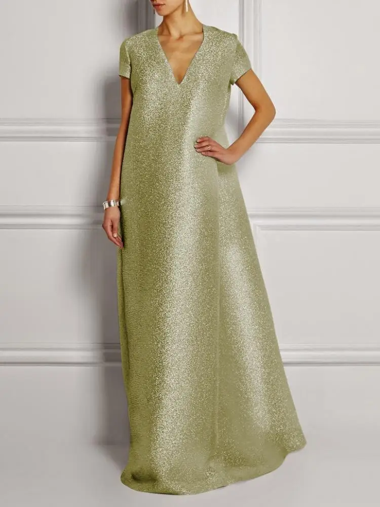 

Krismile Stylish Shiny Solid Color V-Neck Banquet Dress 2024 New Elegant Luxury Short Sleeves Loose Party Evening Maxi Dresses