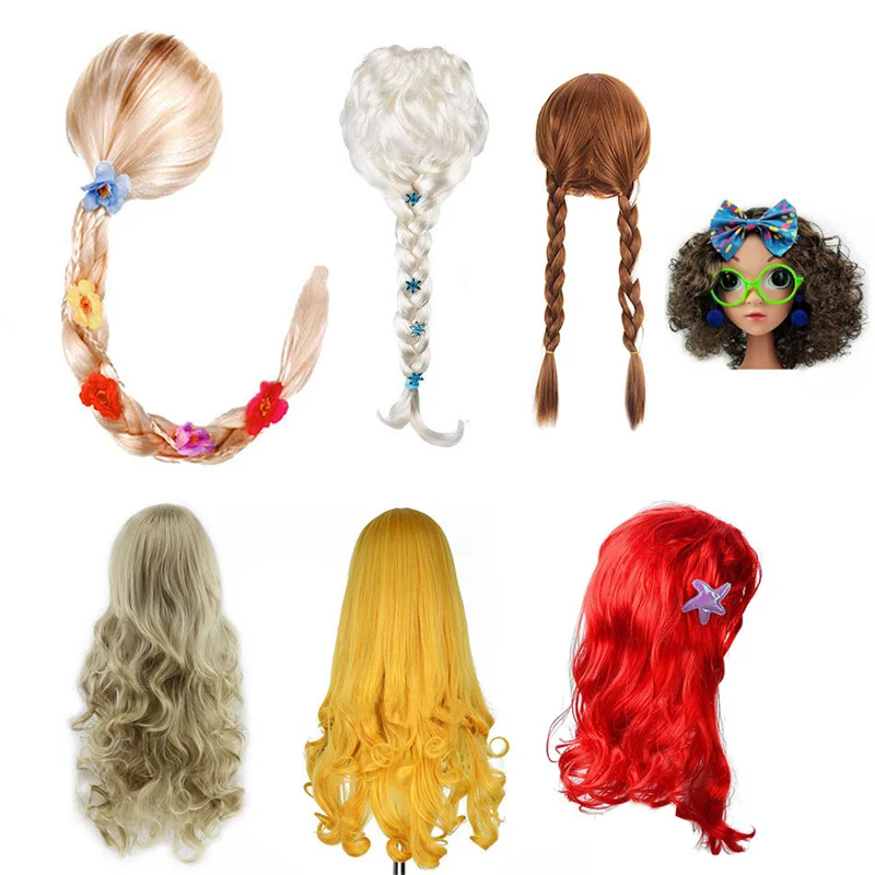 

Girls Princess Anna Elsa Cosplay Wigs Kids Little Mermaid Red Wig Jasmine Snow White Aurora Rapunzel Belle Hair Accessories Set