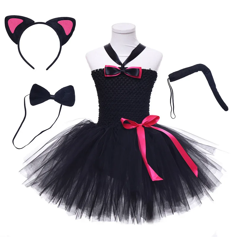 

Halloween Child Animal Cat Cosplay Costume Girls Sequins Nylon Mesh Tutu Dress Headdress Tail Kids Birthday Party Fancy Dresses