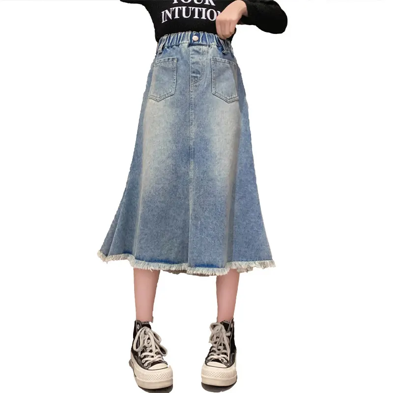 

School Girls Denim Fishtail Skirt Four Season High Waist Casual Midi Skirt for Children Fashion Pocket Teenage Kids Jeans 13 14Y