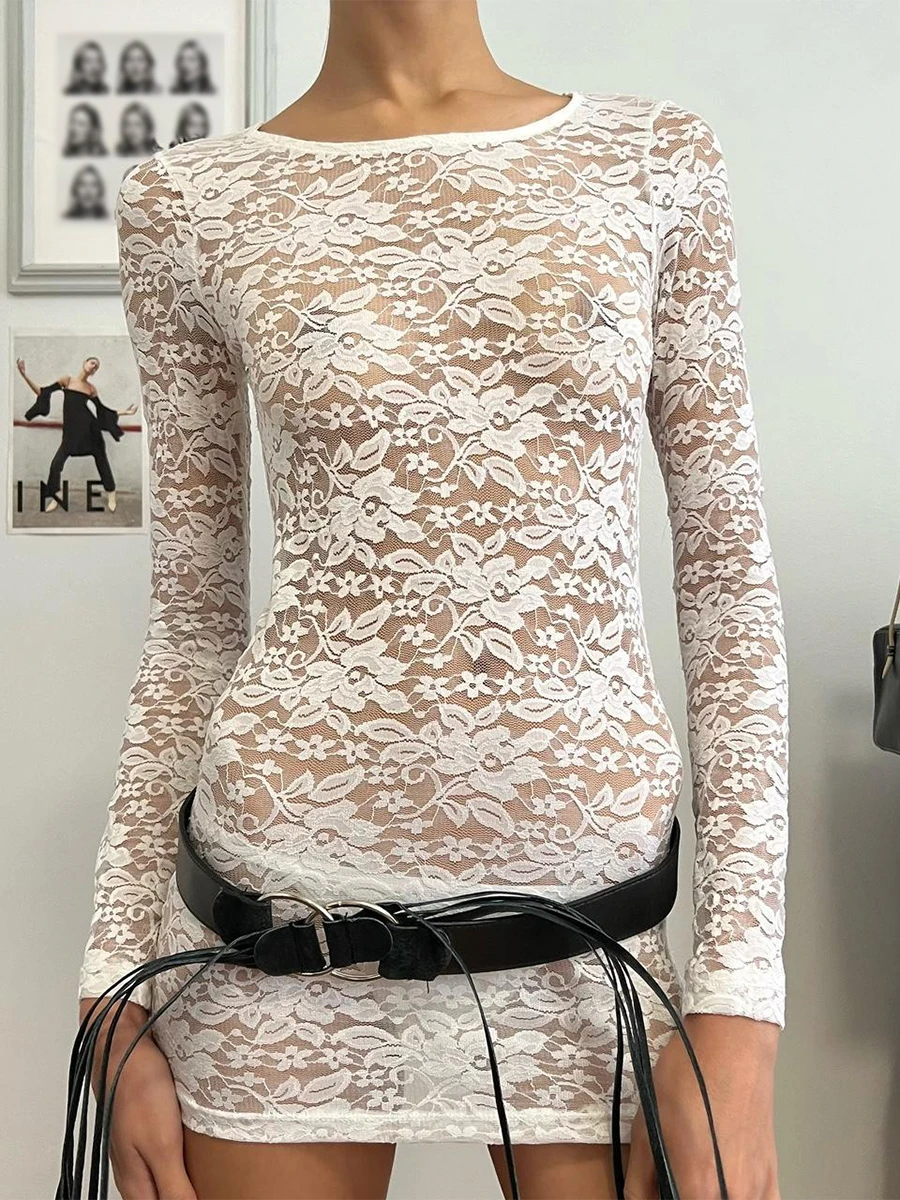 Women Lace Floral Mini Dress Y2K Vintage See-Through Crew Neck Long Sleeve Bodycon Dresses Spring Summer Elegant Party Dress 90s
Women Lace Floral Mini Dress Y2K Vintage See-Through Crew Neck Long Sleeve Bodycon Dresses Spring Summer Elegant Party Dress 90s