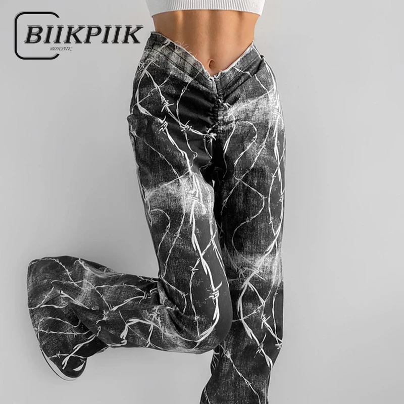 

BIIKPIIK Fashion Tie Dye Flare Pants Unique V Waist Slim Fit Women Casual Trousers All-match Basic Bottom Clothing Spring Outfit