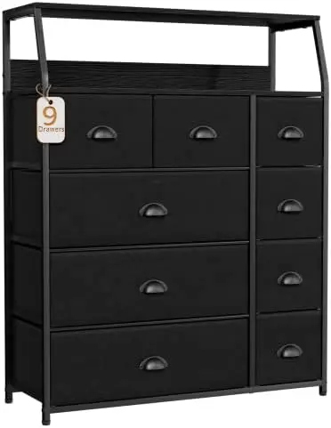 

9 Drawer Dresser with Shelf, Fabric Black Dresser for Bedroom, Closet, Living Room, Entryway, Tall Chest Storage Organizer Tower