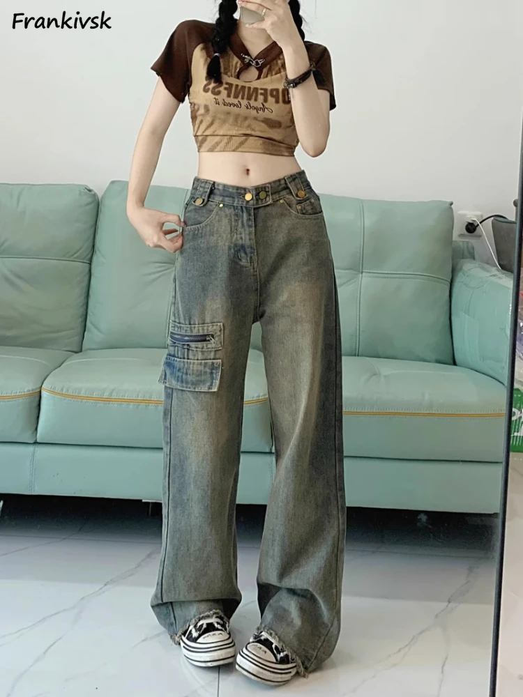 

Jeans Women Harajuku Simple Chic High Street All-match Summer Vintage Washed Y2k Hotsweet Denim Korean Style College Fashion New