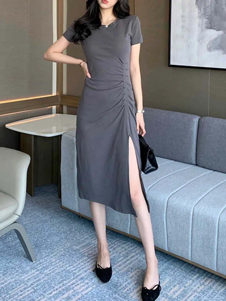 Irregular Split Skinny Fit Mid-length Dress Women Summer Slim Shirring Short Sleeve Solid Color Mid-calf Dresses Female Elegant
Irregular Split Skinny Fit Mid-length Dress Women Summer Slim Shirring Short Sleeve Solid Color Mid-calf Dresses Female Elegant