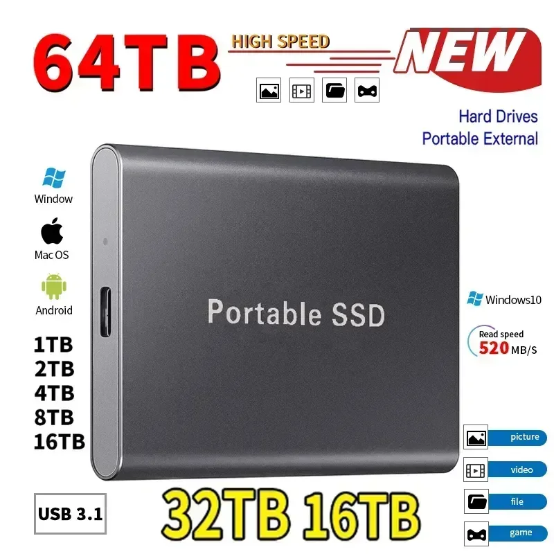 Hard Drive 1TB External Portable SSD 2TB Hard Disk Storage High-Speed External Solid State Drive USB 3.1/Type-C for PC/Mac/PS
Hard Drive 1TB External Portable SSD 2TB Hard Disk Storage High-Speed External Solid State Drive USB 3.1/Type-C for PC/Mac/PS