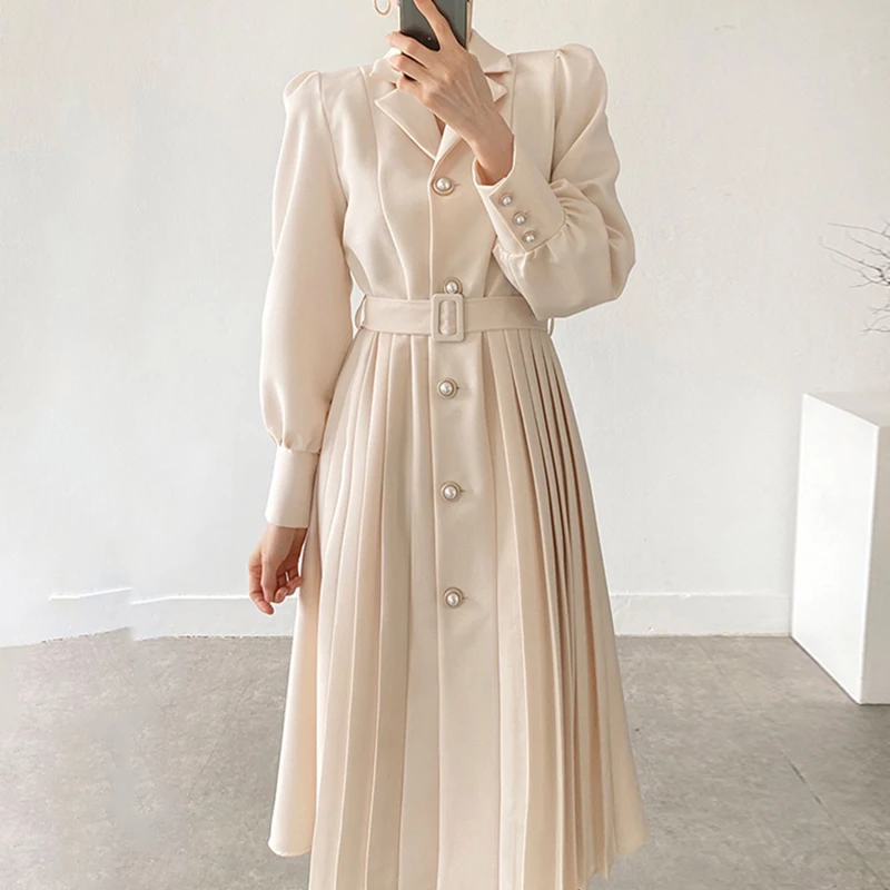 Spring Korean Mid-Length Women Dress With Sashes Black Apricot Khaki Lapel Single-breasted Long Sleeve Female Pleated Dresses
Spring Korean Mid-Length Women Dress With Sashes Black Apricot Khaki Lapel Single-breasted Long Sleeve Female Pleated Dresses