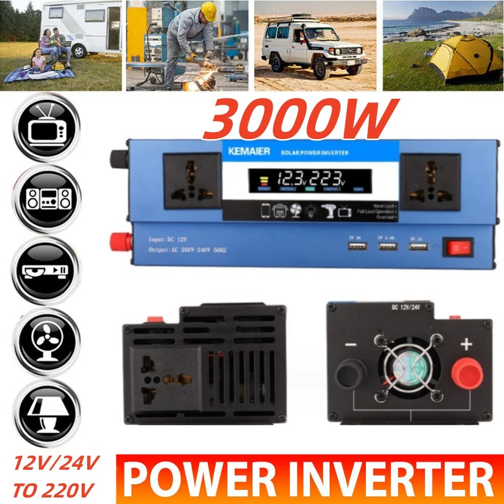 

Car Power Inverter 1000W/2000W/3000W Power DC 12V 24V To AC 220V 60HZ Converter Solar Car Inverters Real Power 500W/600W/800W