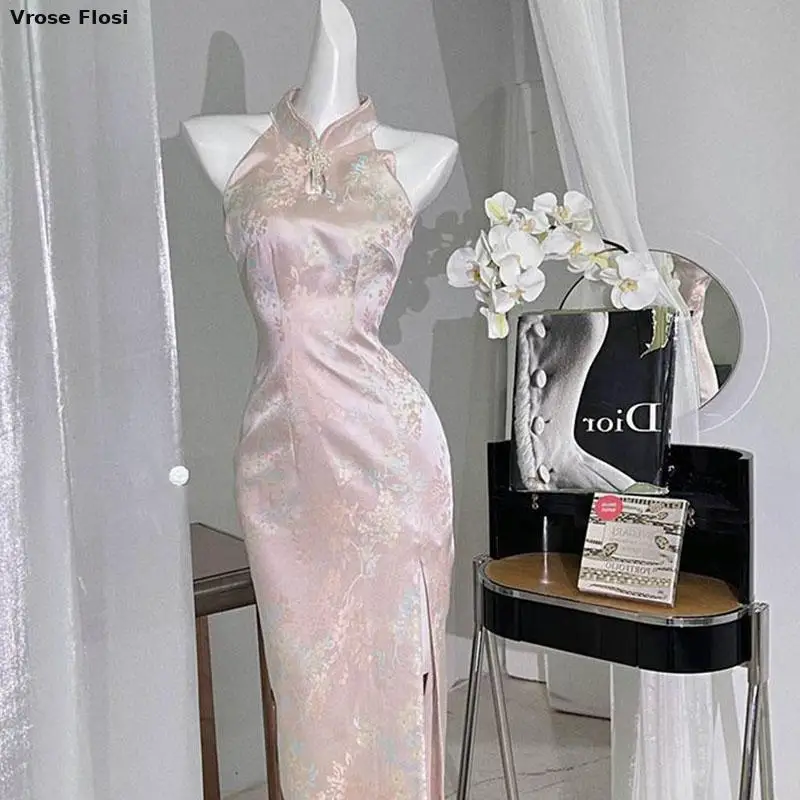 

2024 Retro Cheongsam Slit Sexy Chinese Style Pink Qipao Dress Female Elegant Daily Dresses Costume