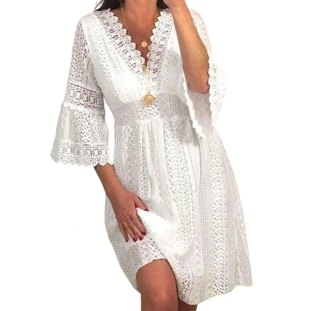 

V Neck Hollow Lace Dress Women Solid Short Sleeve Dress Summer White Dresses Flare Sleeve Casual Dresses For Women Elegant 2024