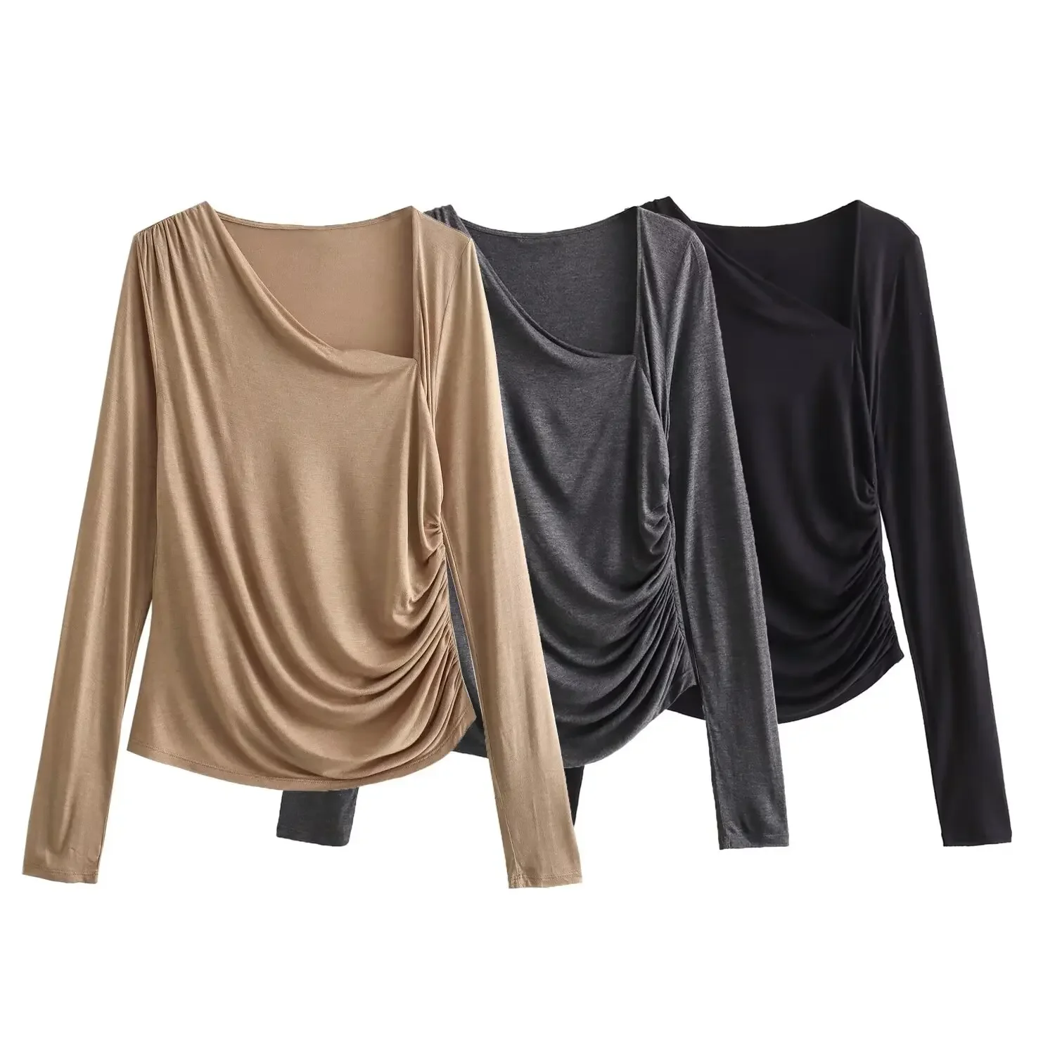 

Women New Fashion Asymmetric neckline Side pleated design Knitted T-Shirt Tops Vintage Long Sleeve Female Pullovers Chic Tops