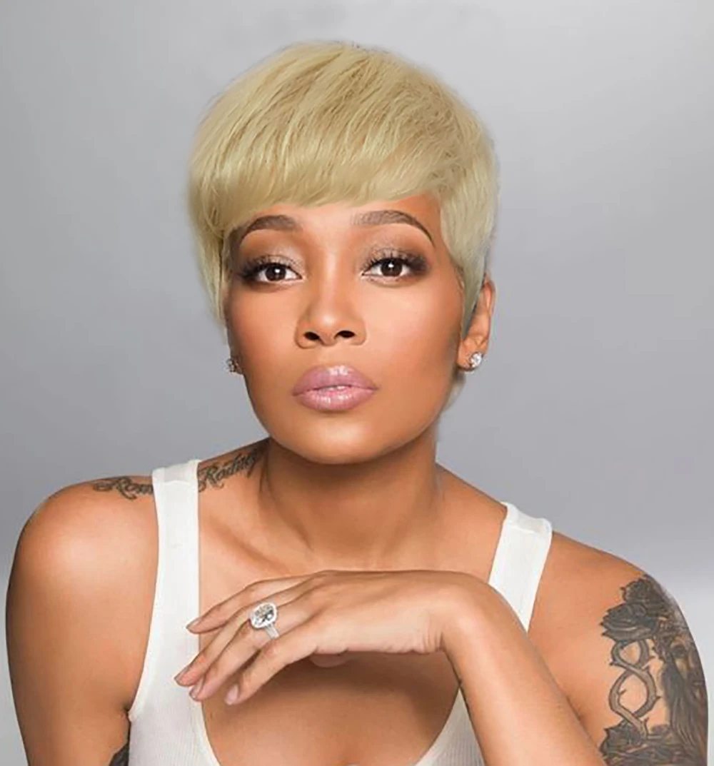 

Nicelatus Natural Synthetic Blonde Wigs for Black Women Short Pixie Cut Wigs with Bangs Short Hairstyles Wigs for Women