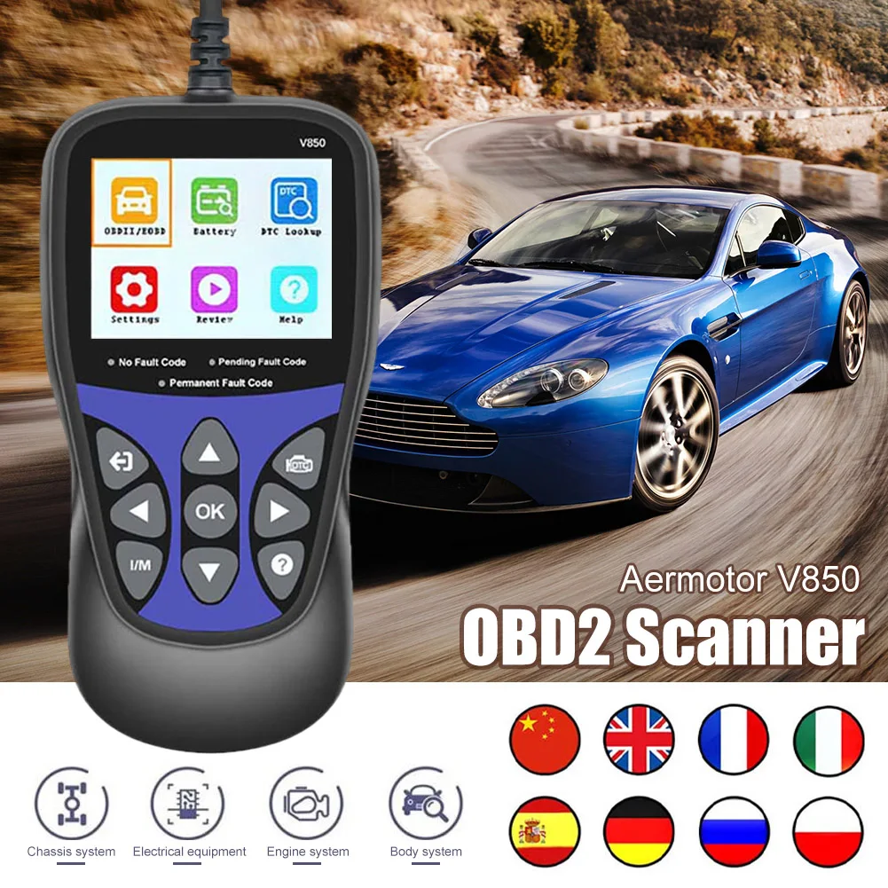 Сканер AERMOTOR V850 OBD2, автомобильный диагностический инструмент, считыватель кодов OBDII, инструмент для проверки неисправностей двигателя
Сканер AERMOTOR V850 OBD2, автомобильный диагностический инструмент, считыватель кодов OBDII, инструмент для проверки неисправностей двигателя