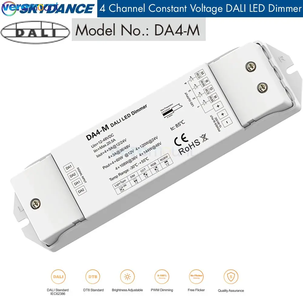 

12V-24VDC 4CH DALI Dimmer DA4-M 1 Address/4 Channel/DT8 DT6/Constant Voltage/PWM Dimming for Single Color/CCT/RGB/RGBW LED Strip