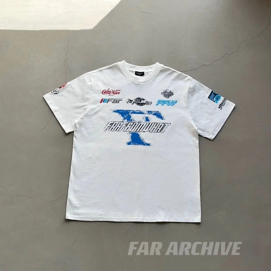 

Far Archive Summer New Washed Vintage Bullet Screen Racing Slogan High Street Loose Short Sleeved T-shirt for Couples