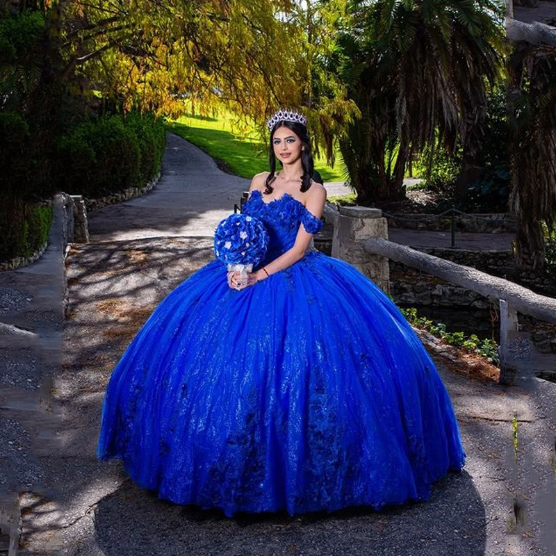 

Blue Bling Sequin Sweet 16 Quinceanera Dresses with 3D Applique Beads Corset Dress Vestidos De 15 Anos Masquerade xv Dress