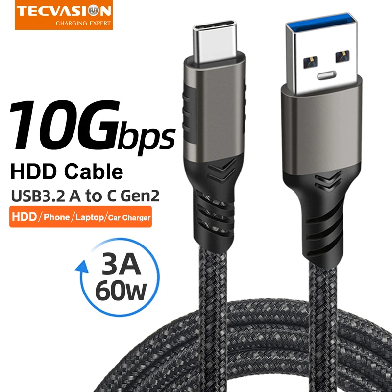 

USB3.2 Gen2 10Gbps Cable USB A to C Cable 3A 60W QC3.0 Fast Charging for Samsung NVMe Hard Disk External Android Data Braid Cord