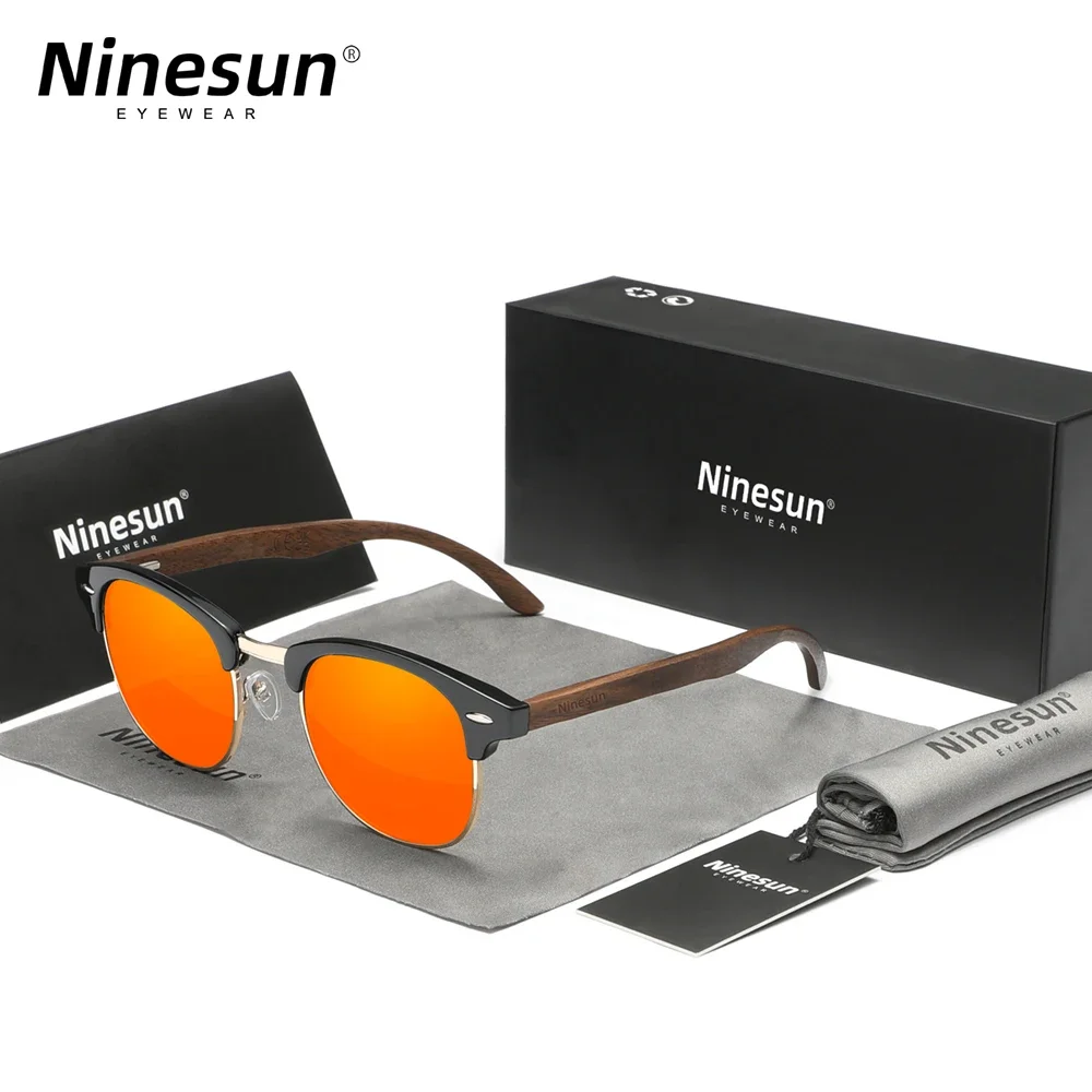 

Genuine Ninesun Retro Polarized Semi-Rimless Glasses UV400 Eye Protection Eyewear Walnut Wooden Sunglasses For Men