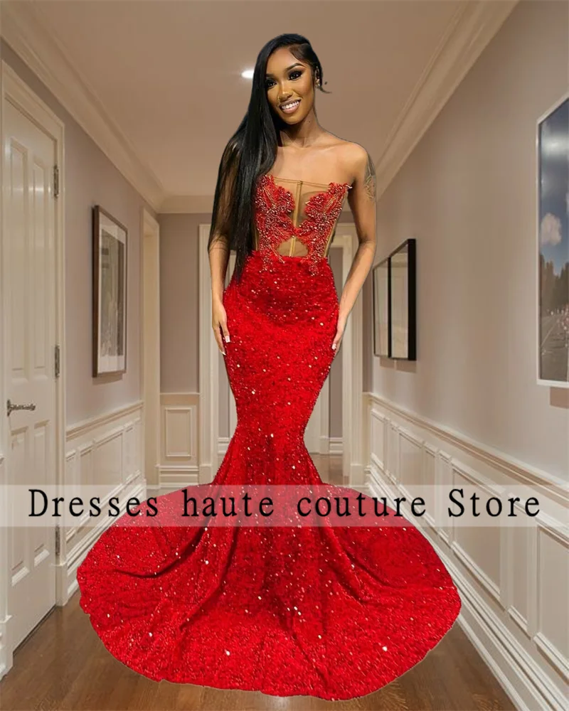 

Red Sequin Mermaid Prom Dresses 2024 For Black Girls Sparkly Beaded Appliques Sheer Mesh Birthday Party Evening Gown