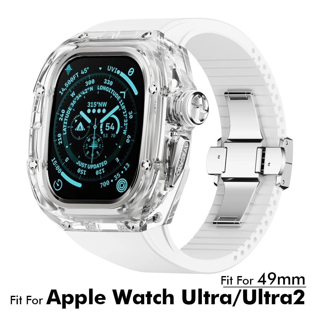 

For Apple Watch Ultra 2 49mm K9 Crystal Transparent Case Fluororubber Rubber Strap Conversion Protect iwatch white band