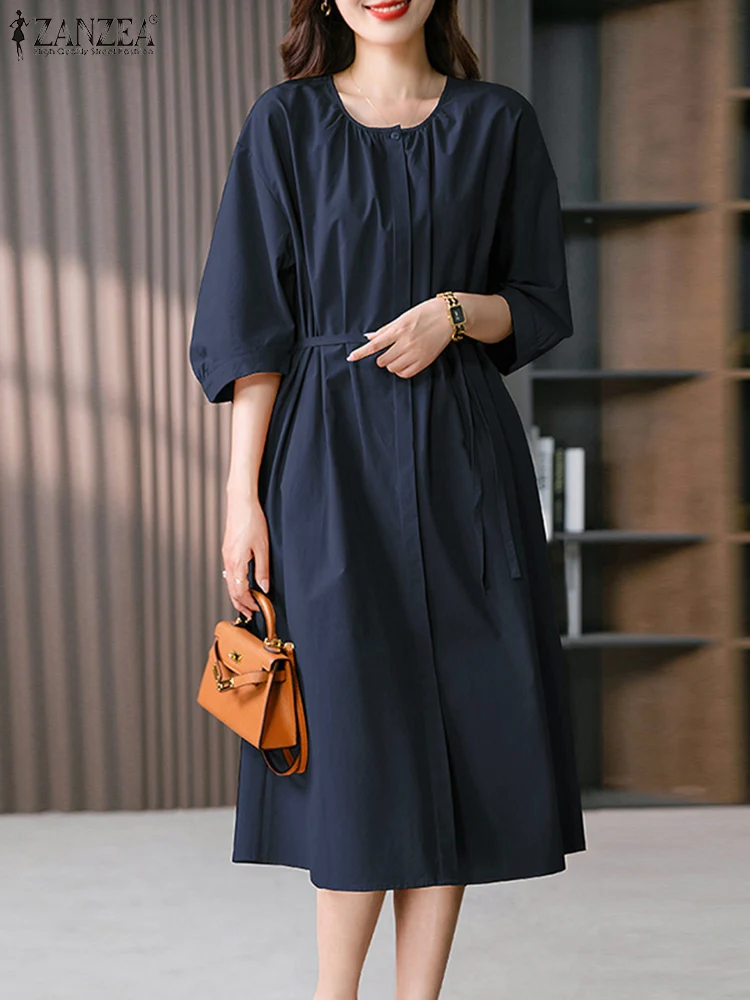 

ZANZEA 2023 Women Summer Baggy Dress Half Sleeve Casual Belted Sundress Pleats Round Neck Midi Shirt Vestidos Solid Buttons Robe