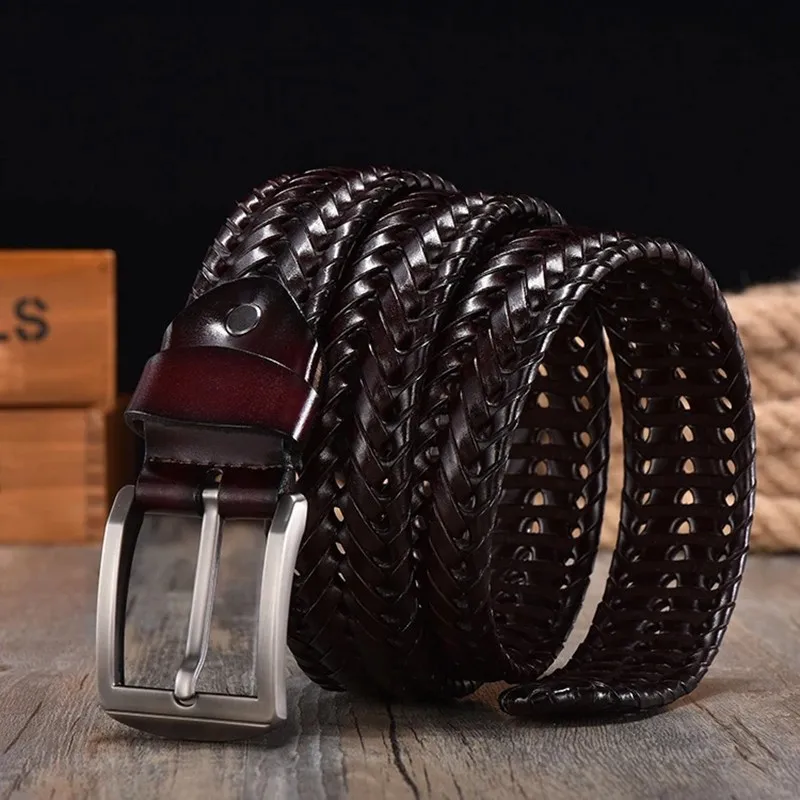 

New Braided 4cm Men Belt For Woven Luxury Genuine Leather Cow Stripes Hand Knit Designer Girdle High Quality Male Belts 125CM