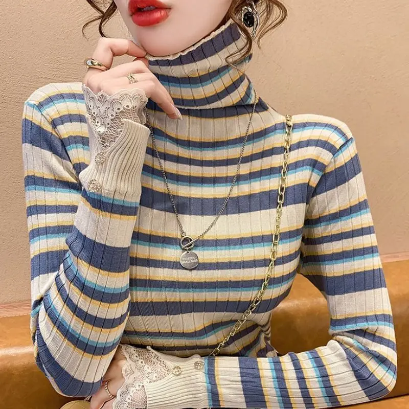 Fashion Turtleneck Knitted Spliced Lace Striped Sweater Women's Clothing 2022 Autumn New Casual Pullovers Loose All-match Tops
Fashion Turtleneck Knitted Spliced Lace Striped Sweater Women's Clothing 2022 Autumn New Casual Pullovers Loose All-match Tops