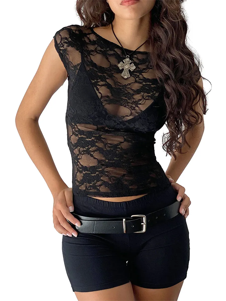 

Women's See Through Top Sheer Lace Tops Summer Cap Sleeve Scoop Neck Solid Color T-Shirts Blouses Streetwear