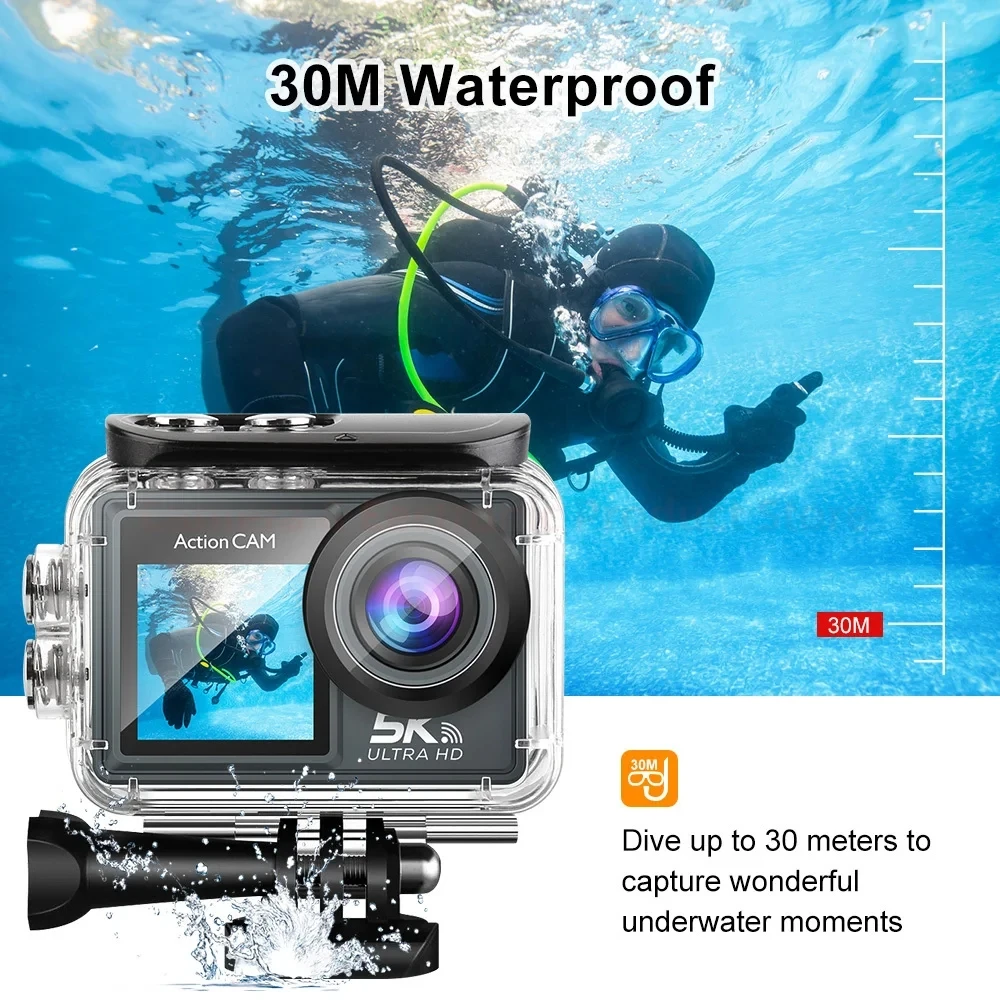 

5K HD Dual Color Screen Action Camera Anti-shake 60FPS 170° Wide Angle 30M Waterproof Sports Video Recorder Wifi Remote Control