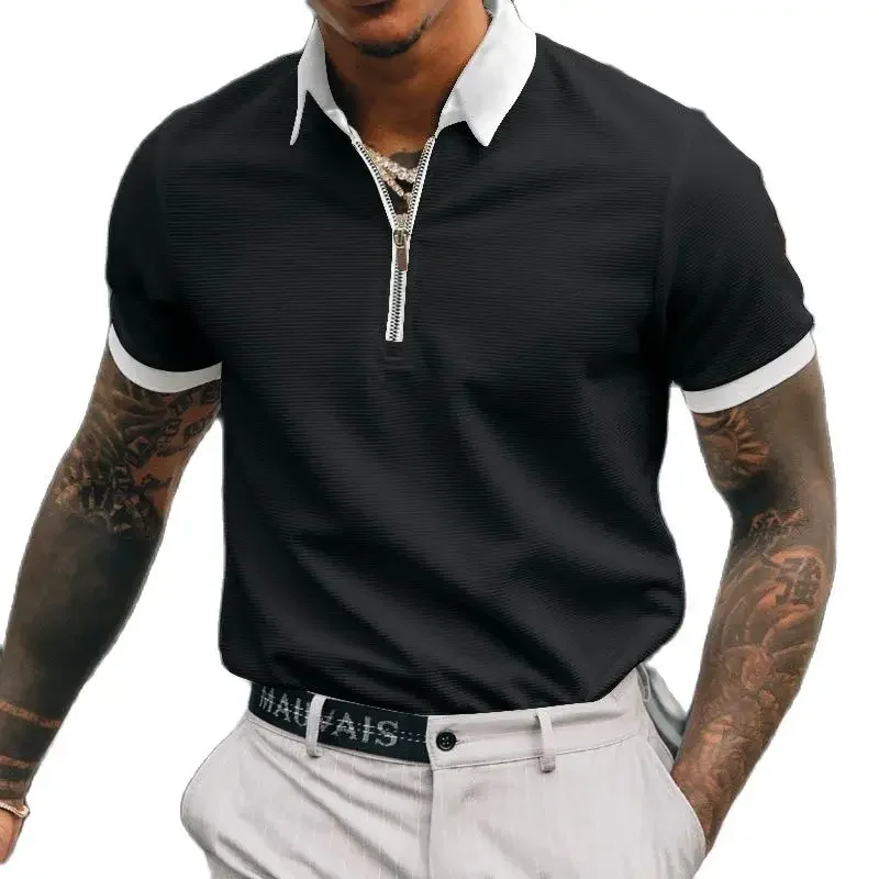 

Men Colour Blocking Lapel Polo Shirt Summer Comfortable Casual Short Sleeve T-Shirt Zipper Neck Loose Male Office Commuter Tops