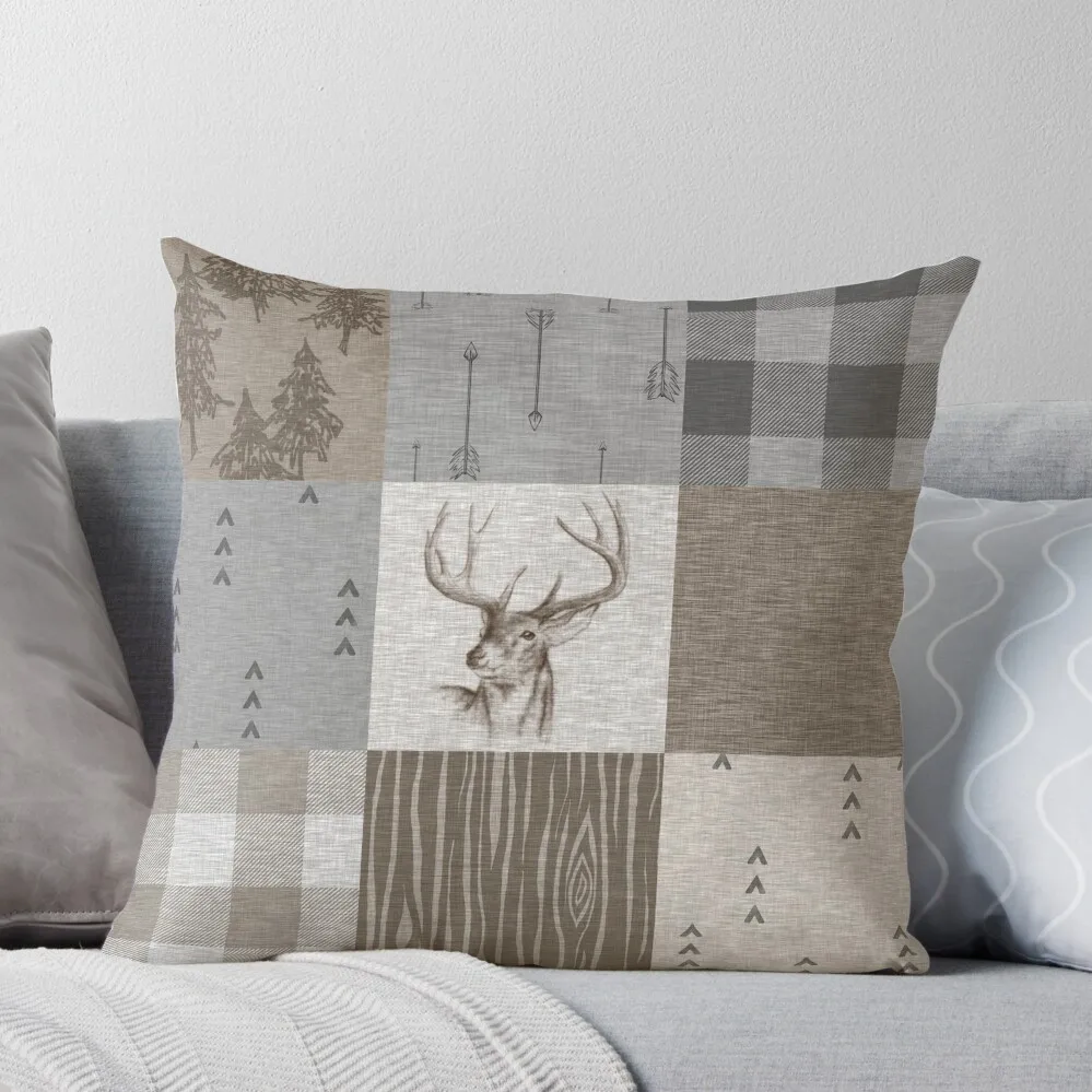 

Deer Patchwork - Rustic Neutrals Throw Pillow sleeping pillows Sofa Pillow Cover